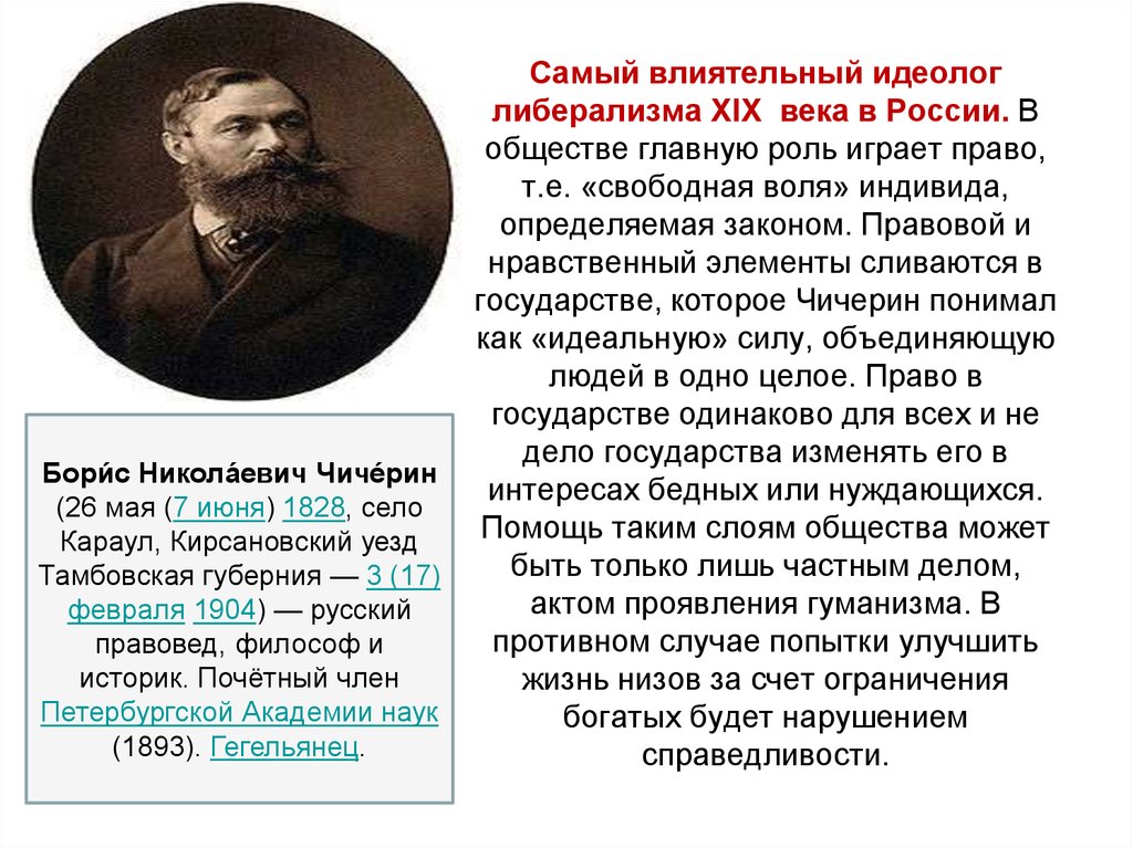 Самый влиятельный идеолог либерализма ХIХ века в России. В обществе главную роль играет право, т.е. «свободная воля» индивида,