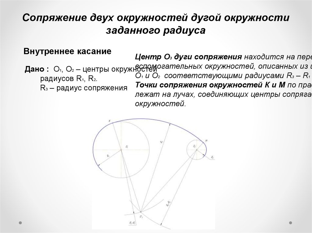 На рисунке дан пример сопряжения двух окружностей радиусами