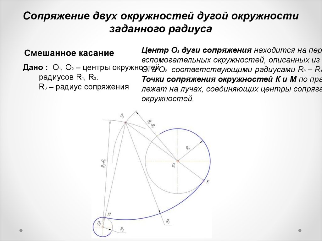 Внешнее сопряжение двух окружностей с дугой заданного радиуса изображено на рисунке