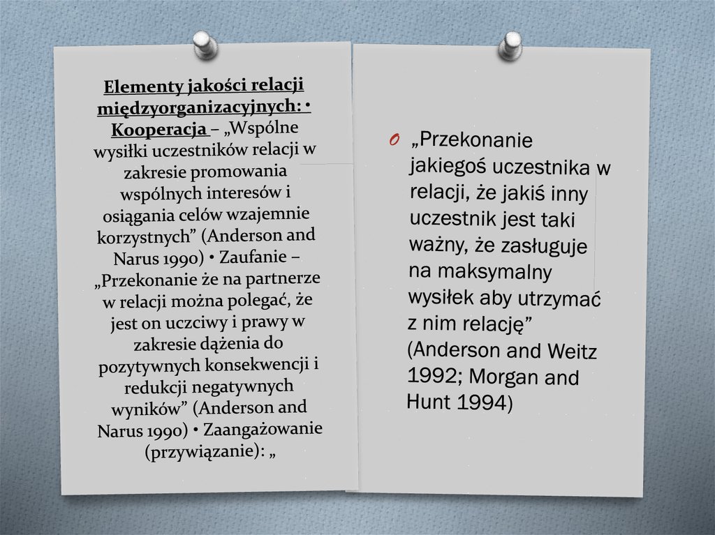 Elementy jakości relacji międzyorganizacyjnych: • Kooperacja – „Wspólne wysiłki uczestników relacji w zakresie promowania