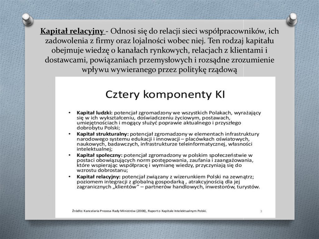 Kapitał relacyjny - Odnosi się do relacji sieci współpracowników, ich zadowolenia z firmy oraz lojalności wobec niej. Ten