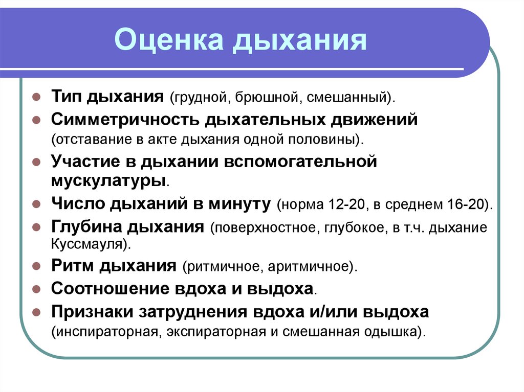 Методы дыхания. Параметры оценки системы дыхания. Критерии оценки процесса дыхания. Оценка типа дыхания алгоритм. Оценка состояния органов дыхания.