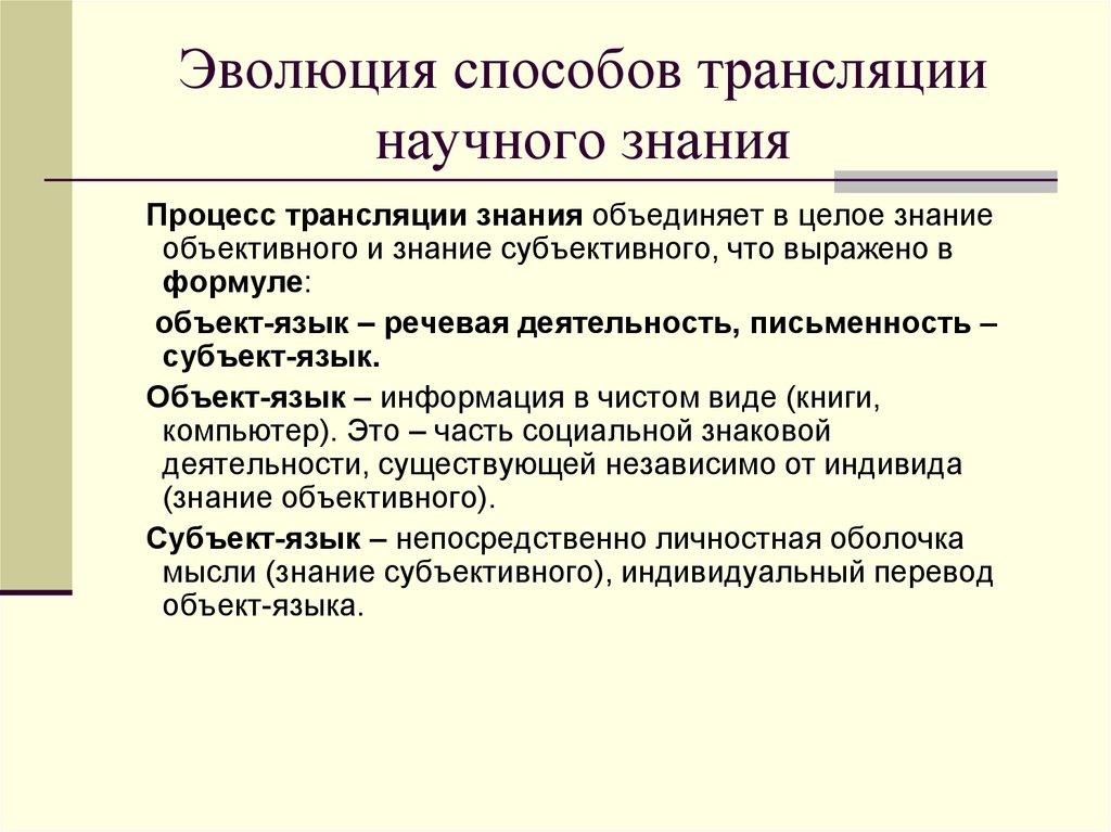 Научные знания объективны. Эволюция способов трансляции научных знаний. Историческое развитие способов трансляции научных знаний. Метод эволюции. Способы трансляции информации.