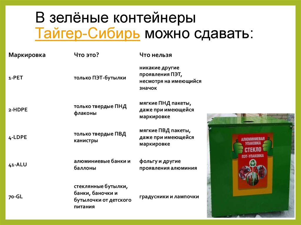 В зелёные контейнеры Тайгер-Сибирь можно сдавать: