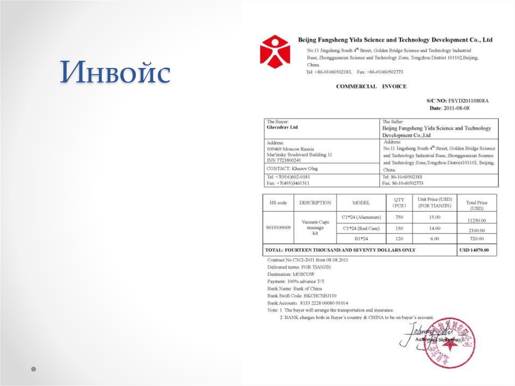 Образец инвойса для экспорта