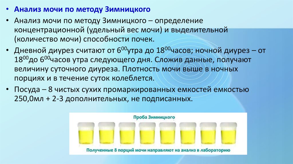 Анализ диуреза. Анализ мочи по Нечипоренко и Зимницкому. - Анализ мочи по Нечипоренко; - анализ мочи по Зимницкому. Анализ мочи по Зимницкому цель исследования. Моча по Зимницкому алгоритм сбора.