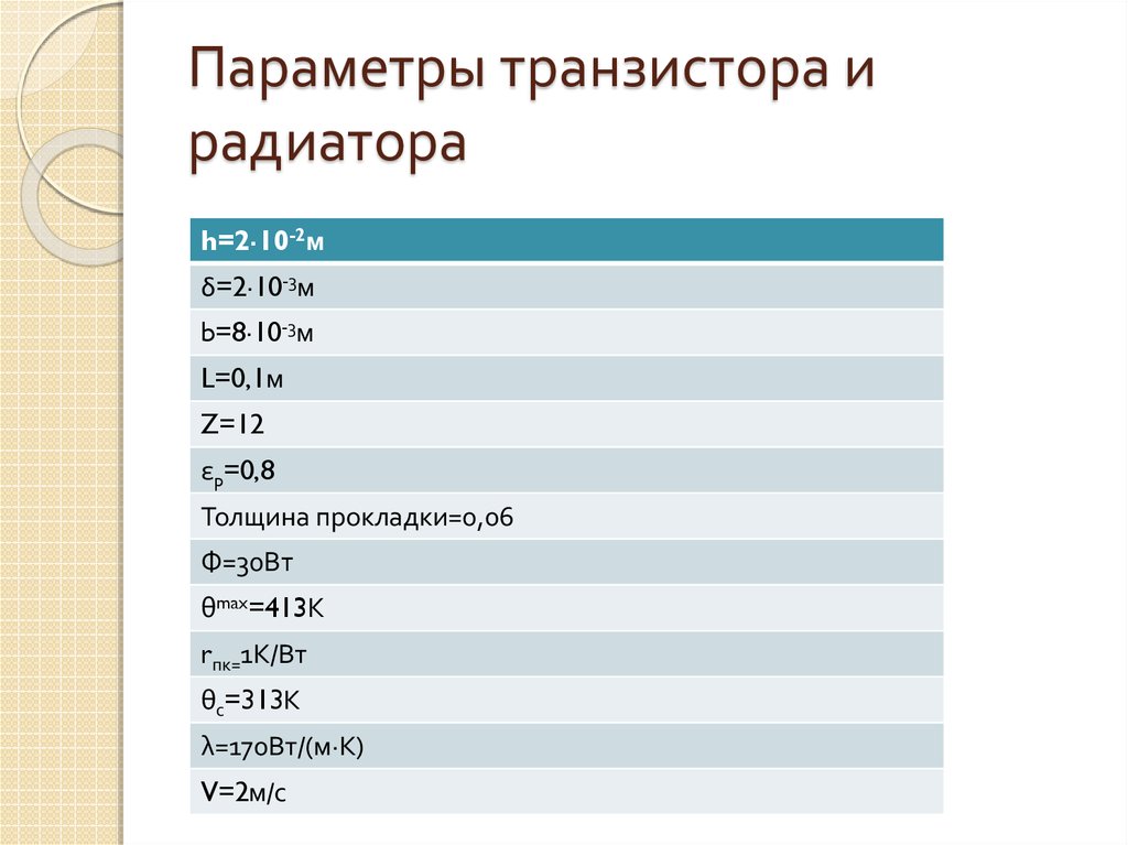 Параметры транзистора и радиатора