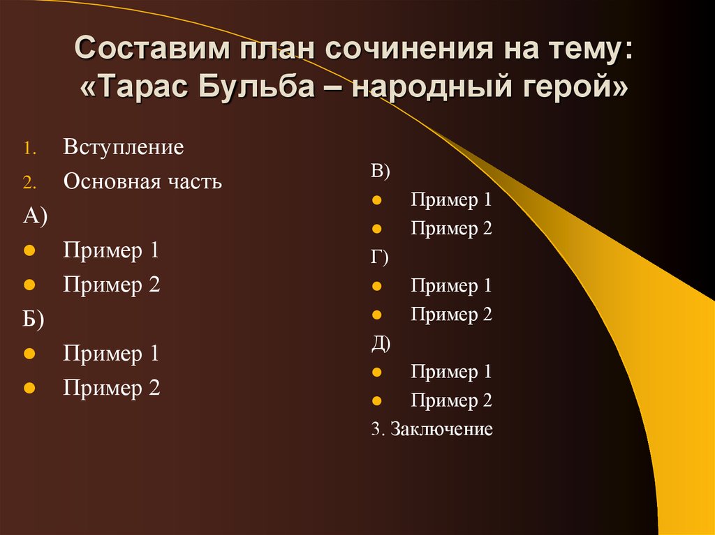 Тарас бульба народный герой сочинение 7 класс по плану