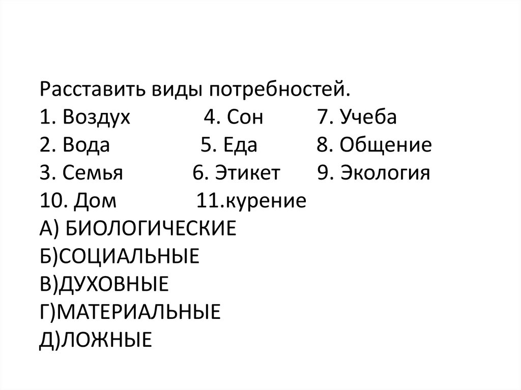 Типы расстановки. Расставьте виды потребностей вода.