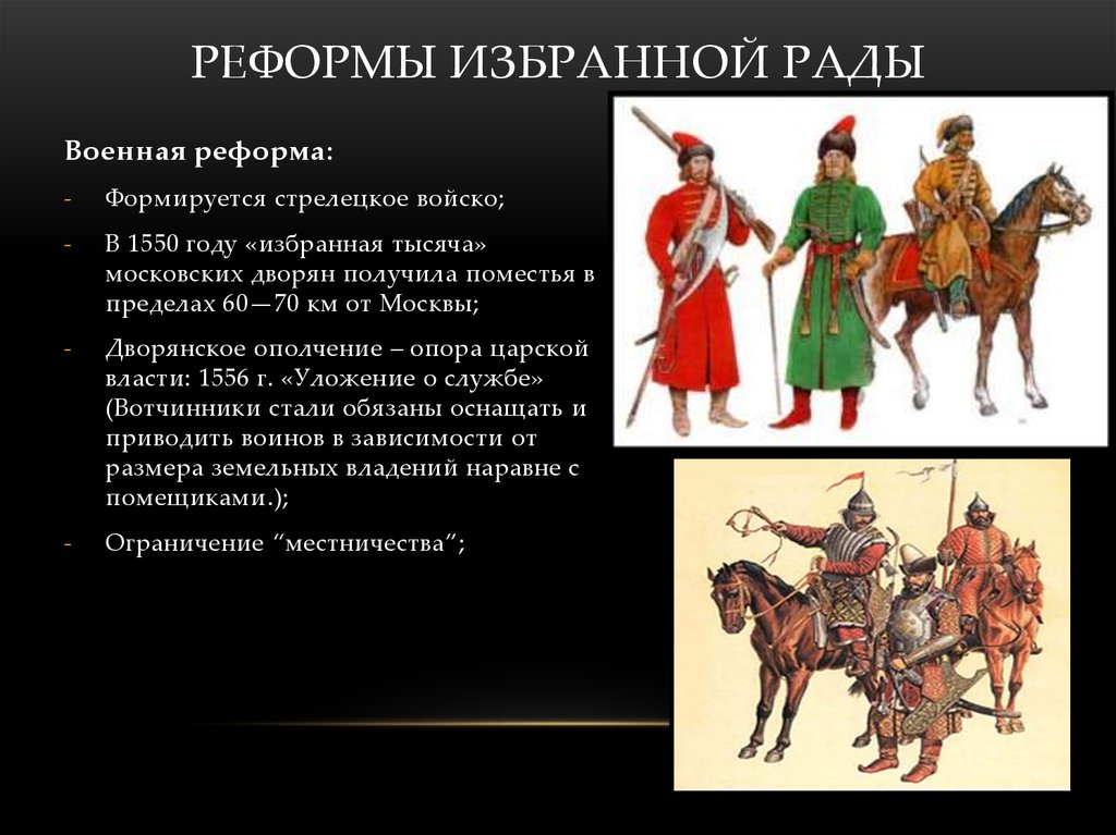 Создание стрелецкого. Реформы избранной рады 1550 Военная реформа. Реформы избранной рады Стрелецкое войско. 1550 Год Военная реформа Ивана Грозного. Стрелецкое войско 1550.