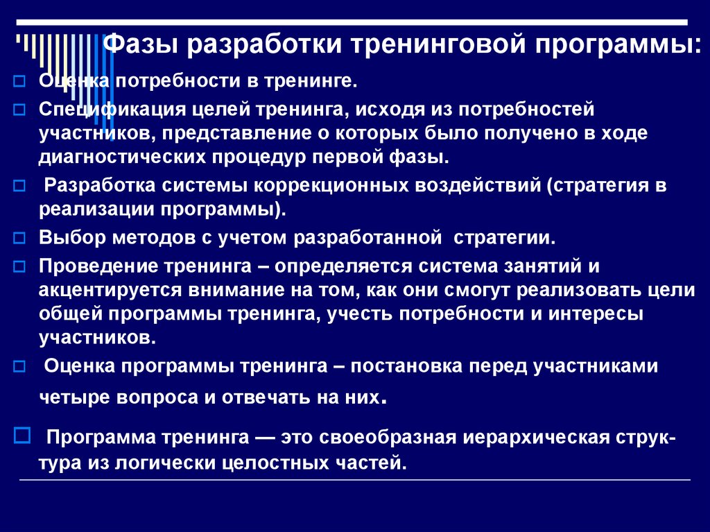 Программа правило. Структура программы тренинга. Алгоритм разработки тренинга. Алгоритм проведения тренинга. Разработать план тренинга.