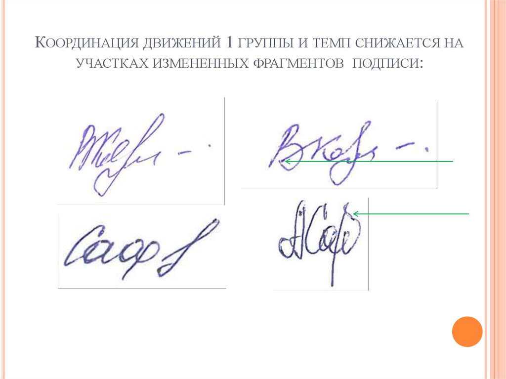 Подписать движение. Координация движений подписи. Степень выработанности подписи. Темп подписи. Координация движений подписи криминалистика.