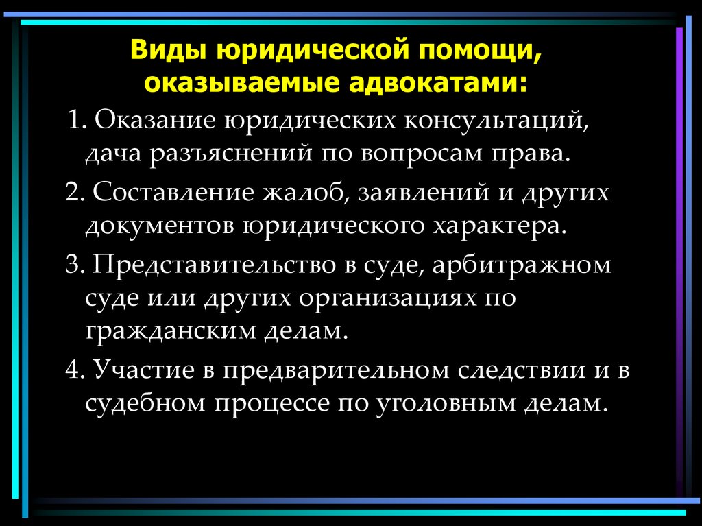 Оказание юридической помощи адвокатом. Виды юридической помощи адвокатуры. Виды адвокатской деятельности. Виды деятельности юриста. Адвокатура виды юридической помощи оказываемой адвокатами.