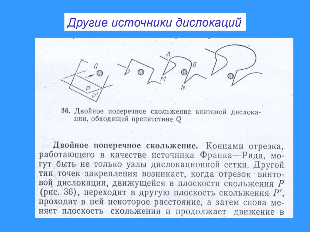 Другие источники. Источник дислокаций Франка Рида. Размножение дислокаций. Механизмы движения дислокаций. Барьеры для движения дислокаций.