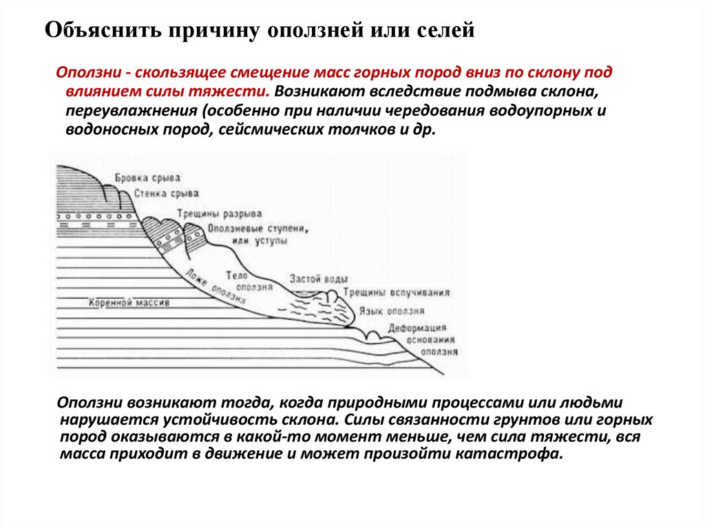 Причины оползней. Оползни скользящее смещение масс горных пород. Причины формирования оползней. Причины образования оползней кратко. Этапы формирования оползня.