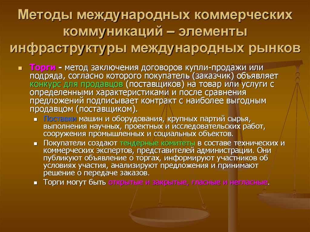 Метод торгов. Международный подход. Интернациональные методы. Виды международных коммерческих договоров. Методология международных отношений.