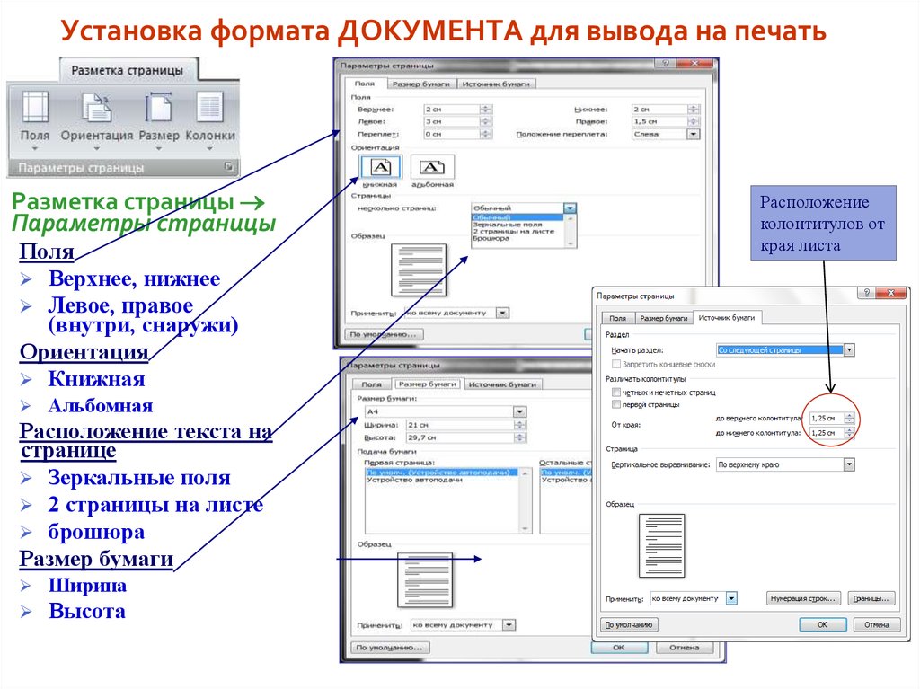 Форматы устанавливают. Расположение текстового документа. Параметры страницы выводимого на печать. Основные параметры разметки страницы документа. Текст документа расположение.