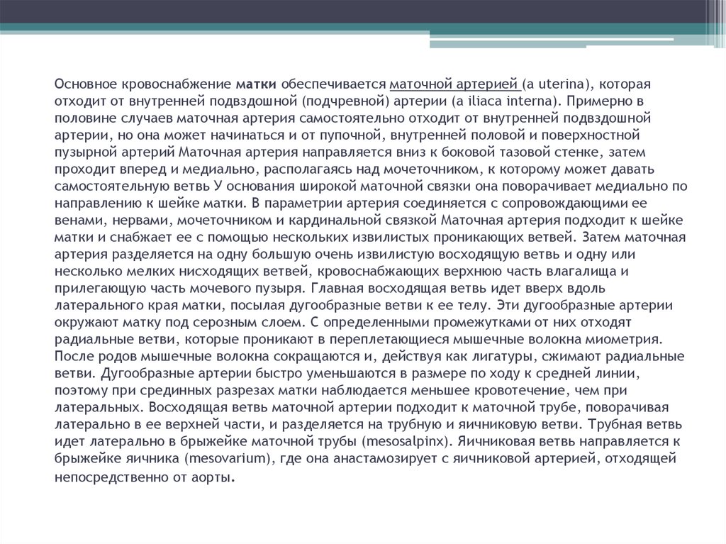 В половине случаев. Кровоснабжение шейки матки. Чем обеспечивается основное кровоснабжение матки. Матка кровоснабжается ветвями. Особенности кровообращения матки.