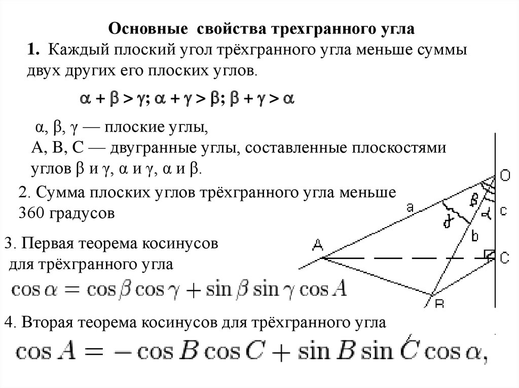 Плоский угол. Свойство плоского угла трехгранного угла. Трехгранный угол свойства. Плоские углы трехгранного угла. Каждый плоский угол трехгранного угла.