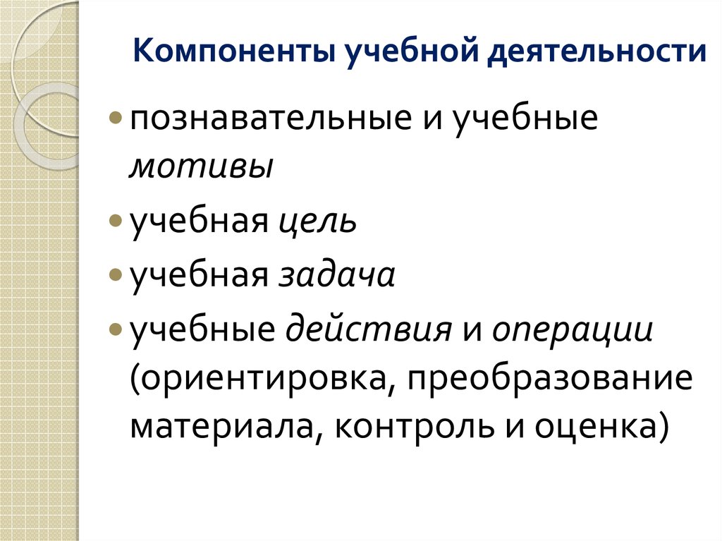 Укажите компоненты учебной деятельности