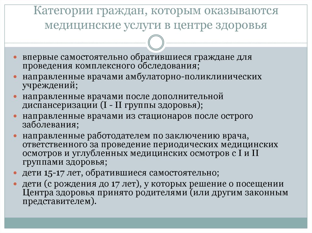 Категории помощи. Центр здоровья оказывает медицинские услуги. Категории граждан. Организация комплексного обследования в центре здоровья. Каким категориям граждан центры здоровья оказывают услуги.