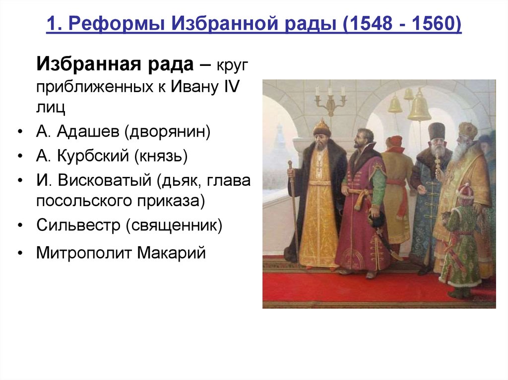 Кто участвовал в избранной раде. Избранная рада при Иване Грозном. Избранна радаивана Грозного. Реформы избранной рады 1548-1560.