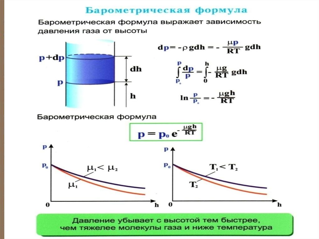 Барометрическая формула. Барометрической формулой давление газа. Барометрическая формула для изотермической атмосферы. Болометрическая формула. Зависимость давления от высоты формула.