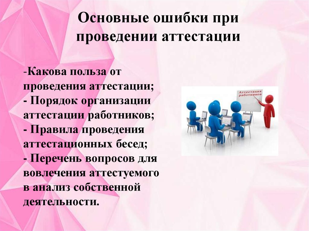 Какова польза. Основные ошибки при проведении аттестации. Каков порядок проведения аттестации персонала. Основные ошибки при проведении аттестации укажите лишнее. Аттестационная беседа.