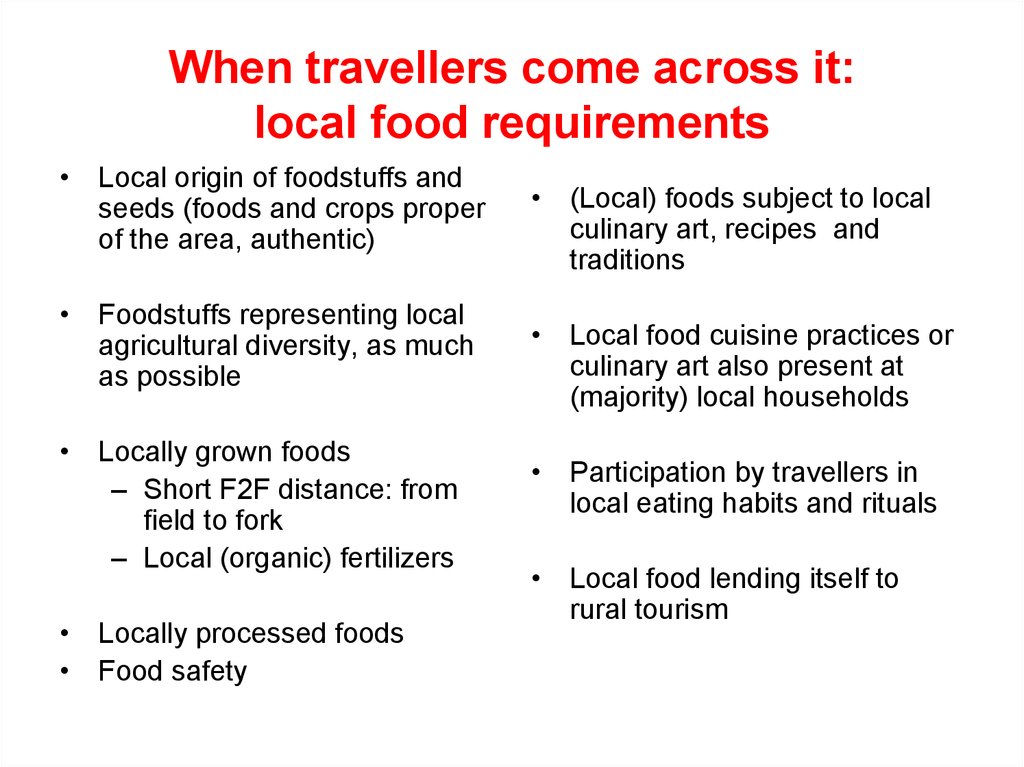 When travellers come across it: local food requirements
