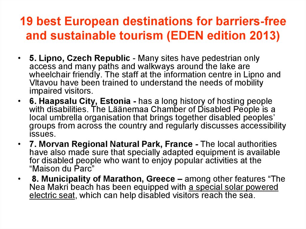19 best European destinations for barriers-free and sustainable tourism (EDEN edition 2013)