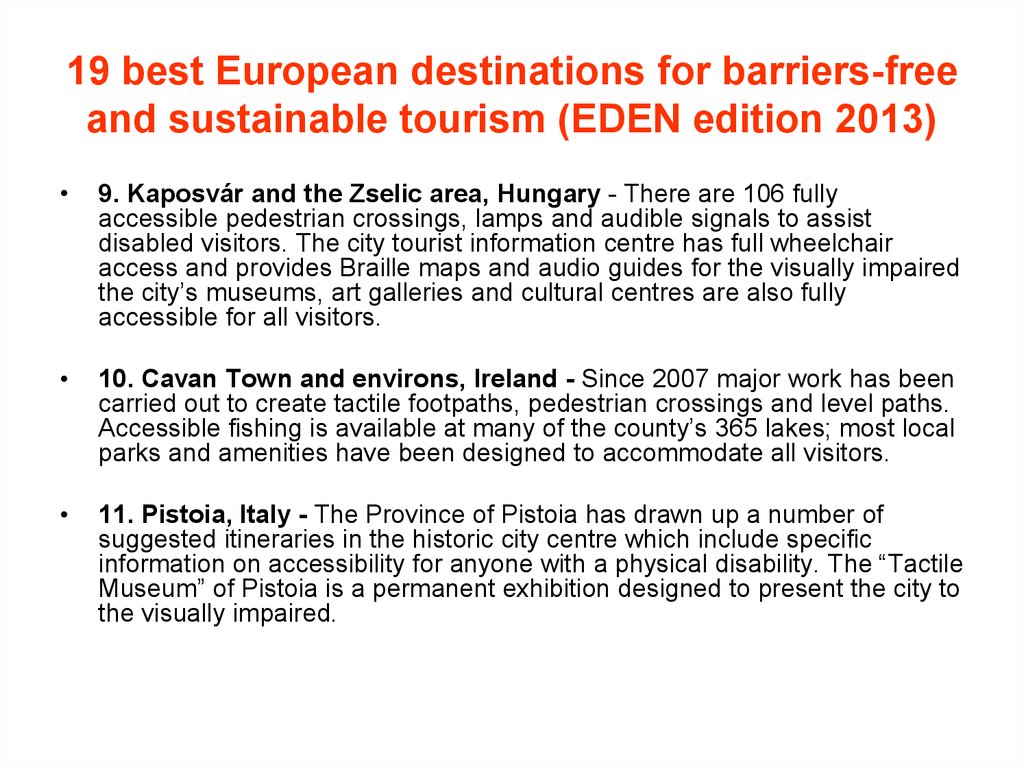 19 best European destinations for barriers-free and sustainable tourism (EDEN edition 2013)