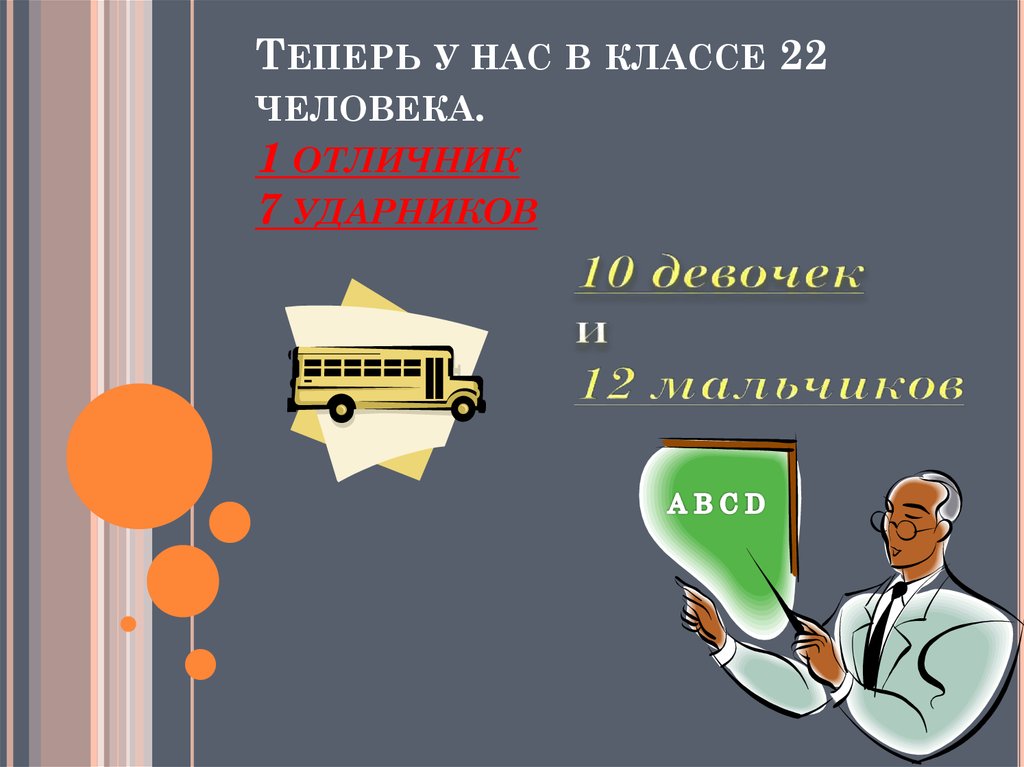 Теперь у нас в классе 22 человека. 1 отличник 7 ударников