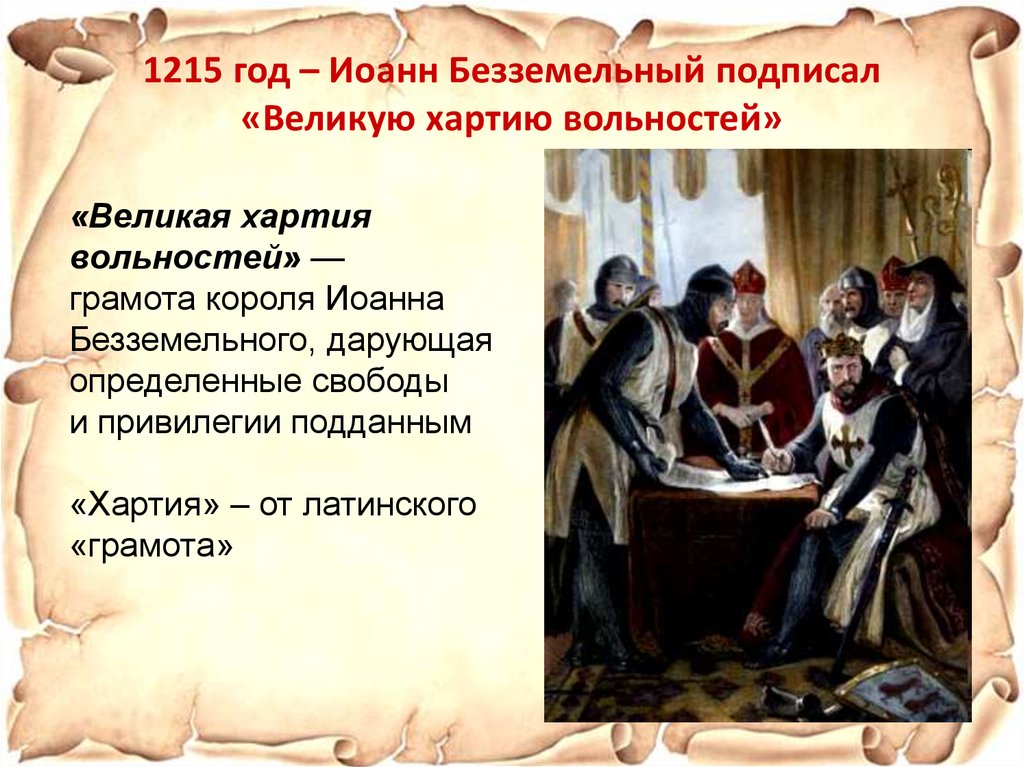 1215 год – Иоанн Безземельный подписал «Великую хартию вольностей»