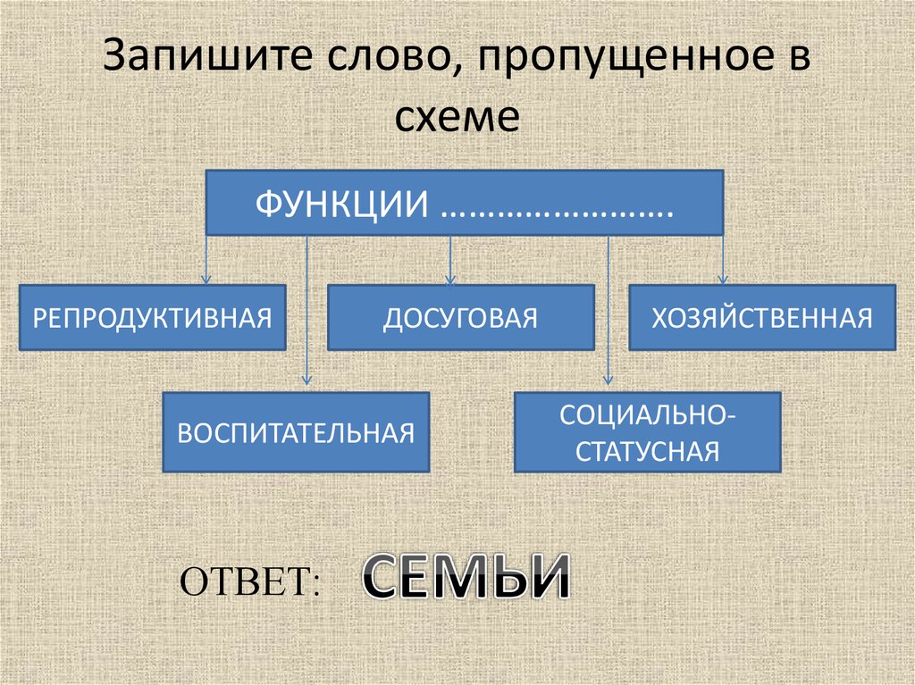 Запишите слово пропущенное в схеме функции репродуктивная досуговая хозяйственная