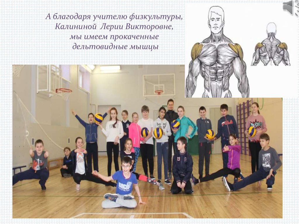 А благодаря учителю физкультуры, Калининой Лерии Викторовне, мы имеем прокаченные дельтовидные мышцы