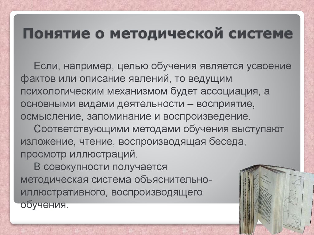 Методические понятия. Понятие о методической системе.. Осмысление восприятие явлений и фактов усвоение. Методическая система Уэста.