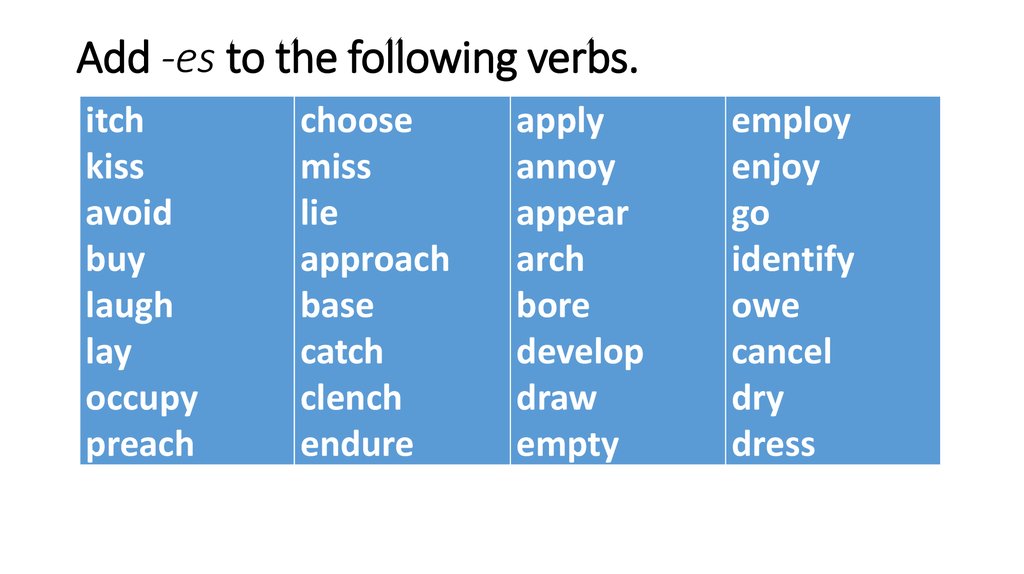 Add -es to the following verbs.