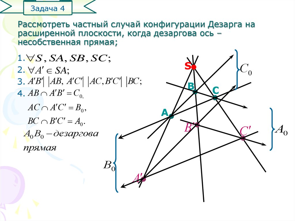 Рассмотреть частный случай конфигурации Дезарга на расширенной плоскости, когда дезаргова ось – несобственная прямая;