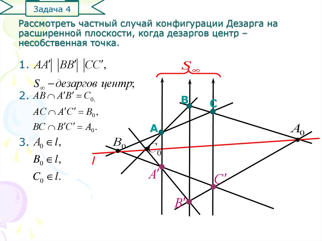 Рассмотреть частный случай конфигурации Дезарга на расширенной плоскости, когда дезаргов центр – несобственная точка.