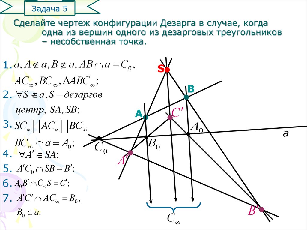 Сделайте чертеж конфигурации Дезарга в случае, когда одна из вершин одного из дезарговых треугольников – несобственная точка.