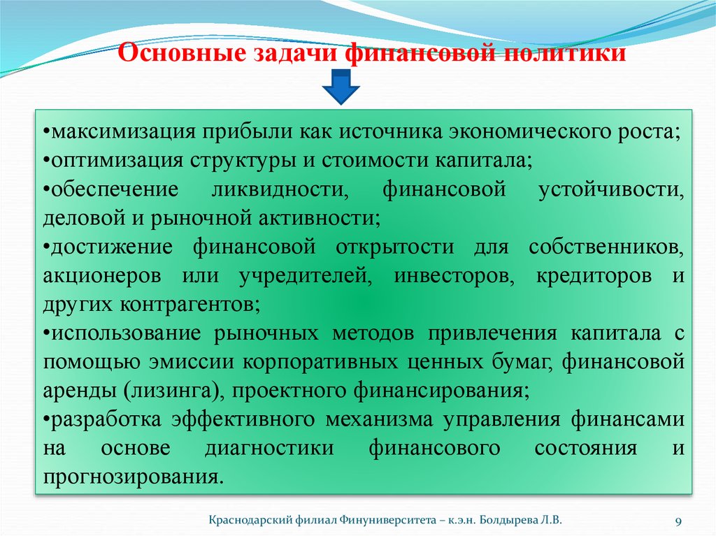 Капитала обеспечение. Задачи корпоративной финансовой политики. Источники экономической прибыли. Обеспечение Единой финансовой и денежной политики. Задачи финансового контроля для инвесторов кредиторов.