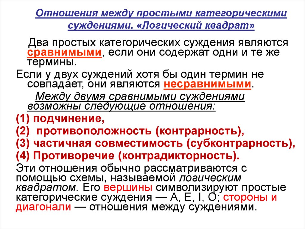 Сужденья правы. Отношения между простыми суждениями логический квадрат. Логические отношения между категорическими суждениями. Логические отношения между суждениями в логике. Отношения между типами простых суждений.