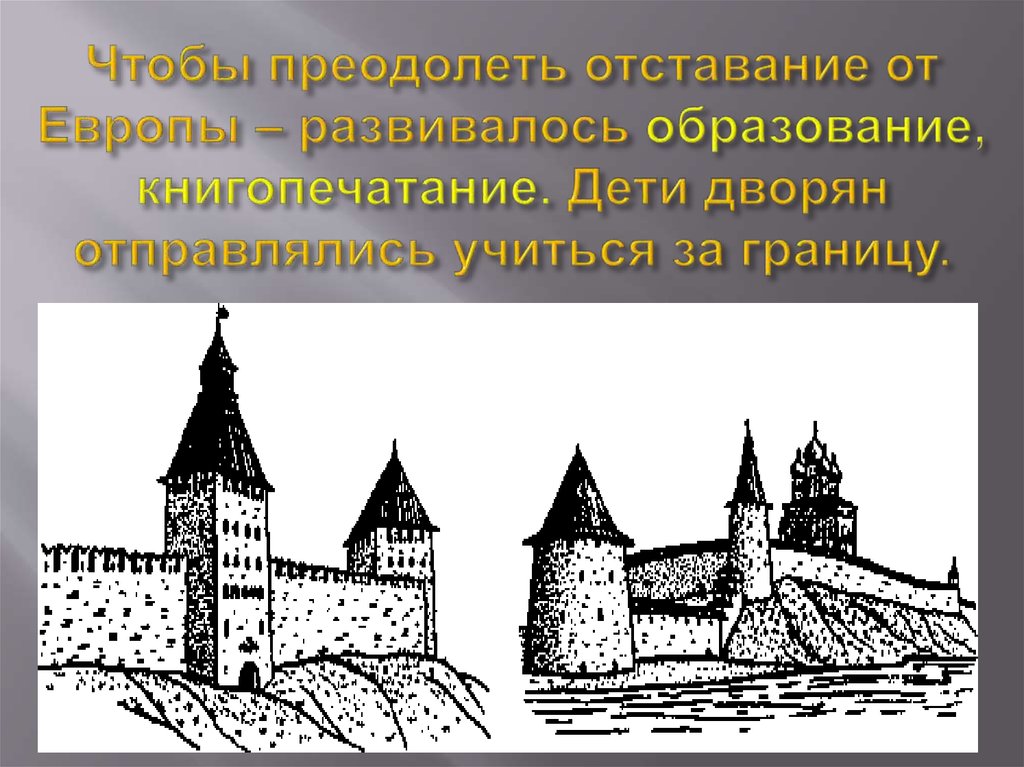 Чтобы преодолеть отставание от Европы – развивалось образование, книгопечатание. Дети дворян отправлялись учиться за границу.