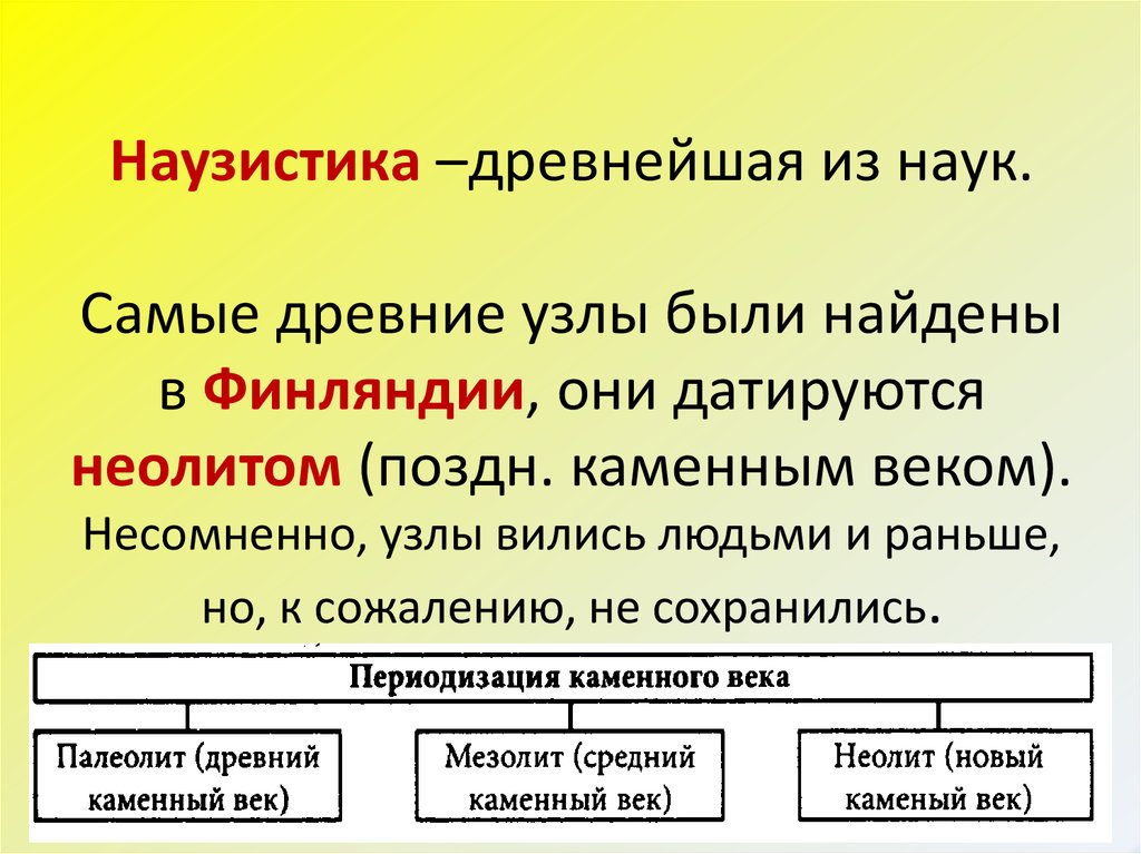 Наузистика –древнейшая из наук. Самые древние узлы были найдены в Финляндии, они датируются неолитом (поздн. каменным веком).
