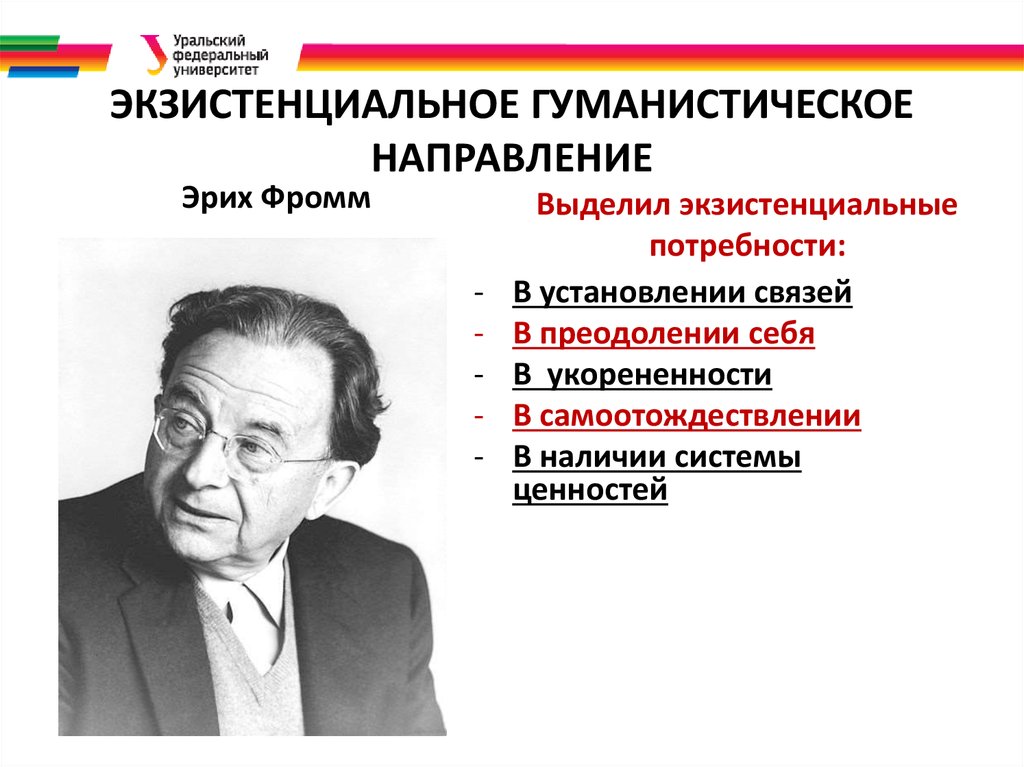 Методы гуманистической психологии. Эрих Фромм экзистенциальные потребности. Фромм выделил пять основных экзистенциальных потребностей человека.. Гуманистическая теория личности Фромма. Представители гуманистической психологии Эрих Фромм.