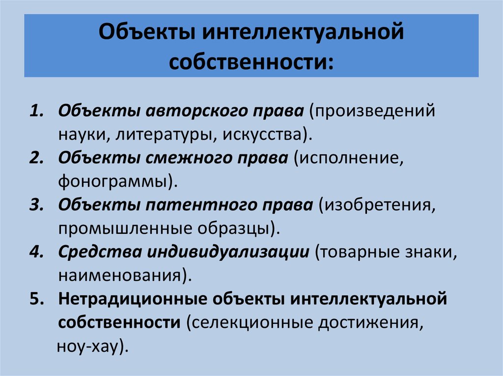 Основные объекты прав интеллектуальной собственности