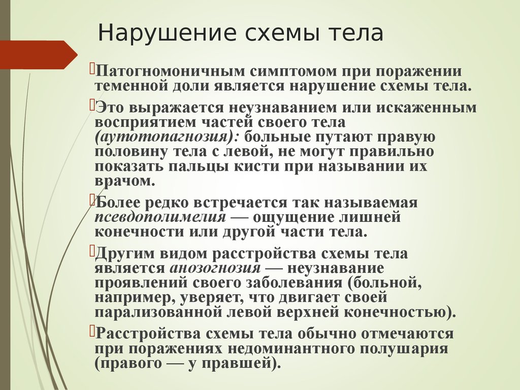 Нарушение возникающее. Нарушение схемы тела. Симптом нарушения схемы тела. Расстройство схемы тела отмечается при поражении. Нарушение восприятия схемы тела.