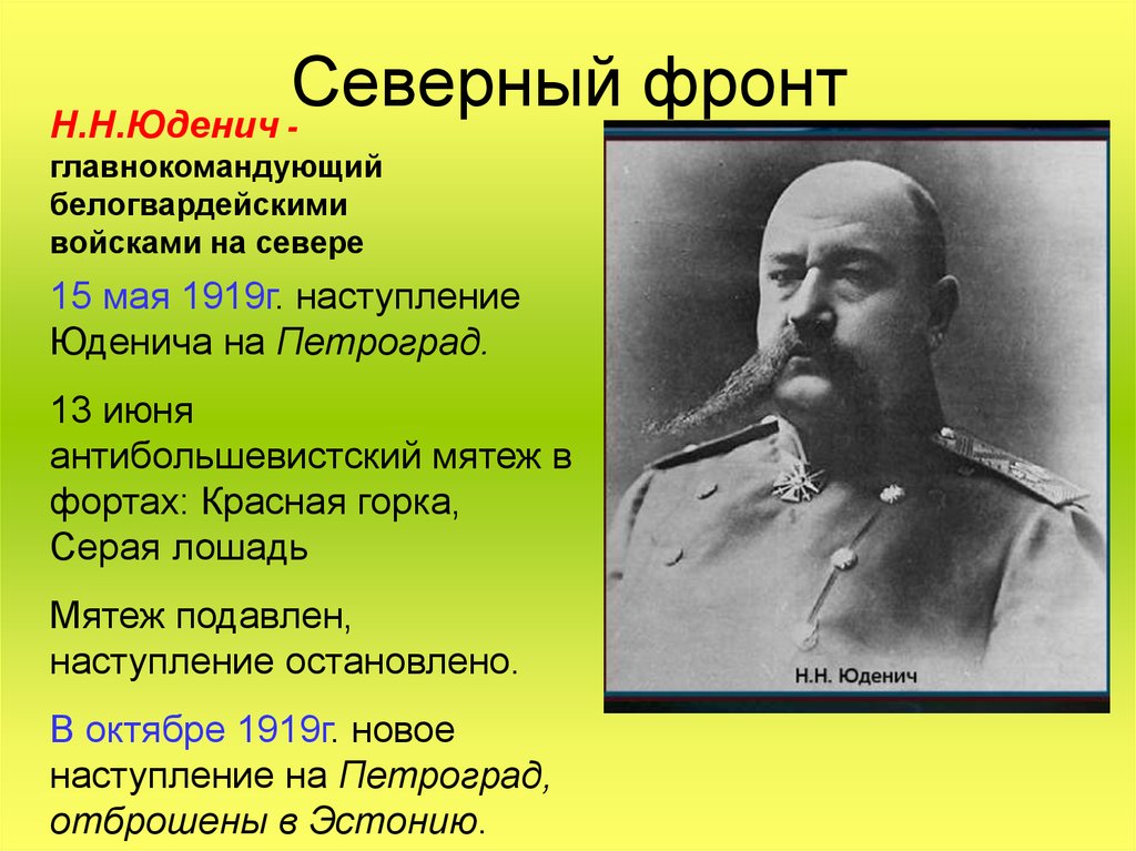 Фамилии главнокомандующих красной армии. Юденич Петроград 1919. Колчак Деникин Юденич. Северный фронт гражданской войны.