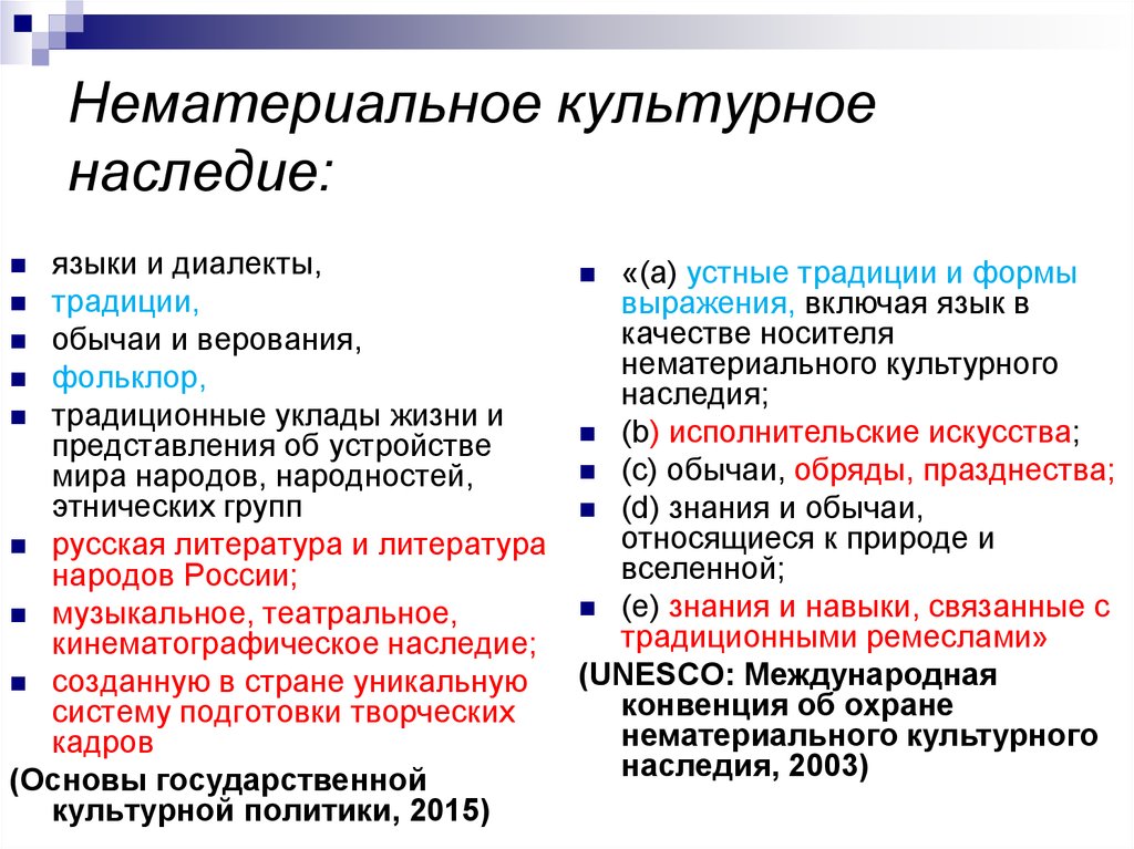 Концепция сохранения наследия. Нематериальное культурное наследие. Объекты нематериального культурного наследия. Виды не мериального культурного наследия.