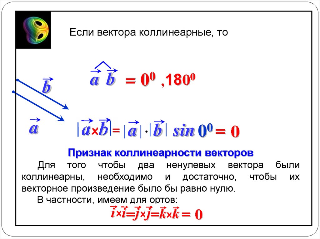 Чему равно произведение a и b. Векторное пооизвдеение колиниарных Веткоров. Векторное произведение векторов. Коллинеарность векторов векторное произведение. Скалярное произведение коллинеарных векторов.